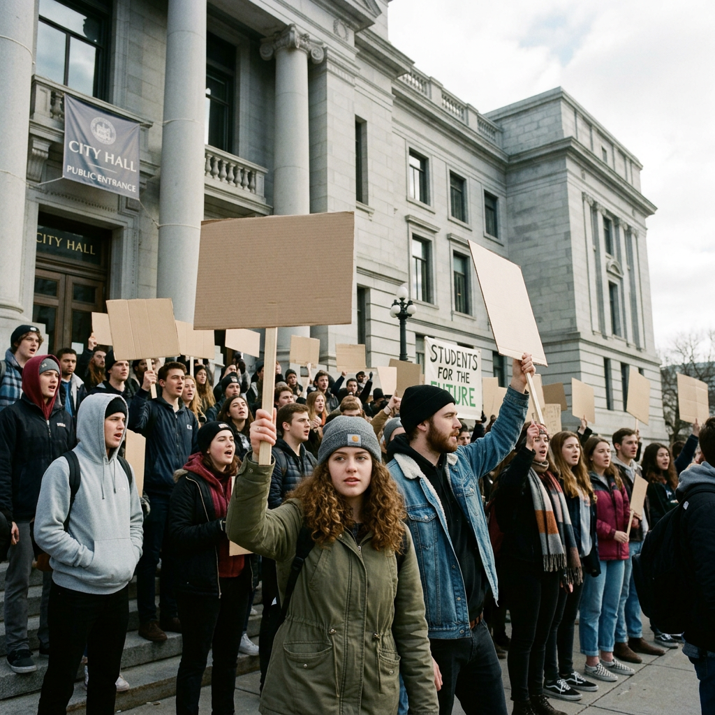 Group of students holding blank signs and one sign saying 'Students for the Future' outside city hall